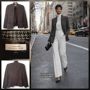 TAHARI Arthur S Levine Tweed Frayed Open Blazer in Black and White Women Size 4